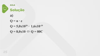 AULA
25
Solução
a)
Q = n • e
Q = 5,0x1020
• 1,6x10-19
Q = 8,0x10  Q = 80C
 