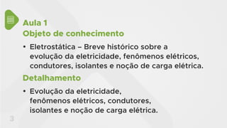 3
Aula 1
Objeto de conhecimento
y Eletrostática – Breve histórico sobre a
evolução da eletricidade, fenômenos elétricos,
condutores, isolantes e noção de carga elétrica.
Detalhamento
y Evolução da eletricidade,
fenômenos elétricos, condutores,
isolantes e noção de carga elétrica.
 