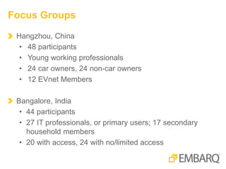 Hangzhou, China
• 48 participants
• Young working professionals
• 24 car owners, 24 non-car owners
• 12 EVnet Members
Bangalore, India
• 44 participants
• 27 IT professionals, or primary users; 17 secondary
household members
• 20 with access, 24 with no/limited access
Focus Groups
 