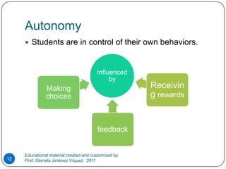 AutonomyStudents are in control of their own behaviors.Educational material created and customized by Prof. Gloriela Jiménez Víquez.  201112