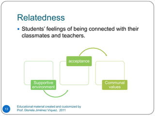 RelatednessStudents’ feelings of being connected with their classmates and teachers.Educational material created and customized by Prof. Gloriela Jiménez Víquez.  201113