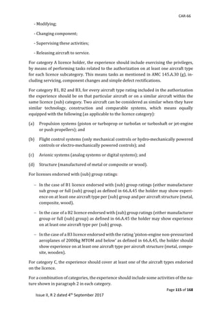 CAR-66
Page 115 of 168
Issue II, R 2 dated 4th September 2017
-	Modifying;	
-	Changing	component;	
-	Supervising	these	activities;	
-	Releasing	aircraft	to	service.	
For	category	A	licence	holder,	the	experience	should	include	exercising	the	privileges,	
by	means	of	performing	tasks	related	to	the	authorization	on	at	least	one	aircraft	type	
for	each	licence	subcategory.	This	means	tasks	as	mentioned	in	AMC	145.A.30	(g),	in-
cluding	servicing,	component	changes	and	simple	defect	rectifications.	
For	category	B1,	B2	and	B3,	for	every	aircraft	type	rating	included	in	the	authorization	
the	experience	should	be	on	that	particular	aircraft	or	on	a	similar	aircraft	within	the	
same	licence	(sub)	category.	Two	aircraft	can	be	considered	as	similar	when	they	have	
similar	 technology,	 construction	 and	 comparable	 systems,	 which	 means	 equally	
equipped	with	the	following	(as	applicable	to	the	licence	category):	
(a) Propulsion	systems	(piston	or	turboprop	or	turbofan	or	turboshaft	or	jet-engine	
or	push	propellers);	and	
(b) Flight	control	systems	(only	mechanical	controls	or	hydro-mechanically	powered	
controls	or	electro-mechanically	powered	controls);	and	
(c) Avionic	systems	(analog	systems	or	digital	systems);	and	
(d) Structure	(manufactured	of	metal	or	composite	or	wood).	
For	licenses	endorsed	with	(sub)	group	ratings:	
	
 In	the	case	of	B1	licence	endorsed	with	(sub)	group	ratings	(either	manufacturer	
sub	group	or	full	(sub)	group)	as	defined	in	66.A.45	the	holder	may	show	experi-
ence	on	at	least	one	aircraft	type	per	(sub)	group	and	per	aircraft	structure	(metal,	
composite,	wood).	
 In	the	case	of	a	B2	licence	endorsed	with	(sub)	group	ratings	(either	manufacturer	
group	or	full	(sub)	group)	as	defined	in	66.A.45	the	holder	may	show	experience	
on	at	least	one	aircraft	type	per	(sub)	group.		
 In	the	case	of	a	B3	licence	endorsed	with	the	rating	‘piston-engine	non-pressurized	
aeroplanes	of	2000kg	MTOM	and	below’	as	defined	in	66.A.45,	the	holder	should	
show	experience	on	at	least	one	aircraft	type	per	aircraft	structure	(metal,	compo-
site,	wooden).	
For	category	C,	the	experience	should	cover	at	least	one	of	the	aircraft	types	endorsed	
on	the	licence.	
For	a	combination	of	categories,	the	experience	should	include	some	activities	of	the	na-
ture	shown	in	paragraph	2	in	each	category.	
 