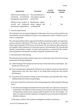 CAR 66
164
Issue II R 2 4th
September 2017
Organisation Personnel
Level of
knowledge
Continuing
training
CAR-66	licence	holders	in	a	
continuing	 airworthiness	
management	organisation	
The	airworthiness	re-
view	staff	as	required	
by	M.A.707.	
2	 Yes	
CAR-66	 licence	 holders	 in	
aircraft	 and	 component	
maintenance	organisations	
Maintenance	 organi-
sation	 support	 and	
certifying	staff	
2	 Yes	
3. General	requirements	
The	training	for	the	personnel	designated	in	table	above	has	to	be	carried	out	before	any	
airworthiness	review	certificate	is	issued	or	any	maintenance	task	is	certified	on	an	air-
craft	or	a	component.	
The	training	should	be	made	in	appropriate	facilities	containing	examples	of	components,	
systems	and	parts	affected	by	FTS	issues	and	having	access	to	aircraft	or	component	
where	typical	examples	of	FTS	issues	can	be	shown.	The	use	of	pictures,	films	and	practi-
cal	examples	of	the	maintenance	on	fuel	tank	system	is	recommended.	The	training	shall	
include	a	representative	number	of	repair	and	inspections	as	required	by	the	mainte-
nance	programme	showing	the	necessity	of	using	the	manufacturer’s	data.	
4. Characteristics	of	the	training	
The	following	characteristics	shall	be	taken	into	consideration	when	the	level	2	training	
programme	are	being	established:	
(a) understanding	of	the	background	and	concepts	of	fuel	tank	safety	as	developed				dur-
ing	the	last	10	years,	and	
(b) how	in	maintenance	organisations	mechanics	can	recognize,	interpret	and	handle	the	
improvements	 that	 have	 been	 made	 or	 are	 being	 made	 during	 fuel	 tank	 system	
maintenance,	
(c) awareness	of	any	hazards	working	on	the	Fuel	System,	and	especially	with	a	Flam-
mability	Reduction	System	using	nitrogen.	
				a),	b)	and	c)	should	be	introduced	in	the	training	programme	addressing	the	following	
issues:	
i) The	theoretical	background	behind	the	fuel	tank	safety:	the	explosions	of	mixtures	
of	fuel	and	air,	the	behavior	of	those	mixtures	in	an	aviation	environment,	the	effects	
of	temperature	and	pressure,	energy	needed	for	ignition	etc,	the	‘fire	triangle’,	-	Ex-
plain	2	concepts	to	prevent	explosions:	(1)	ignition	source	prevention	and	(2)	flam-
mability	reduction,	
ii) The	major	accidents	and	accident	investigations	and	their	conclusions,	
 