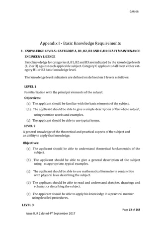 CAR-66
Page 23 of 168
Issue II, R 2 dated 4th September 2017
	
	
	
Appendix	I	-	Basic	Knowledge	Requirements	
1. KNOWLEDGE LEVELS - CATEGORY A, B1, B2, B3 AND C AIRCRAFT MAINTENANCE
ENGINEER’s LICENCE
Basic	knowledge	for	categories	A,	B1,	B2	and	B3	are	indicated	by	the	knowledge	levels	
(1,	2	or	3)	against	each	applicable	subject.	Category	C	applicant	shall	meet	either	cat-
egory	B1	or	B2	basic	knowledge	level.	
	
The	knowledge	level	indicators	are	defined	on	defined	on	3	levels	as	follows:	
LEVEL 1
					Familiarization	with	the	principal	elements	of	the	subject.
	 					Objectives:
(a)			The	applicant	should	be	familiar	with	the	basic	elements	of	the	subject.	
(b)			The	applicant	should	be	able	to	give	a	simple	description	of	the	whole	subject,	
using	common	words	and	examples.	
(c)			The	applicant	should	be	able	to	use	typical	terms.	
				LEVEL 2
	 			A	general	knowledge	of	the	theoretical	and	practical	aspects	of	the	subject	and		
	 			an	ability	to	apply	that	knowledge.	
	
	 			Objectives:
(a)		The	applicant	should	be	able	to	understand	theoretical	fundamentals	of	the												
subject.	
	
(b)	 	 The	 applicant	 should	 be	 able	 to	 give	 a	 general	 description	 of	 the	 subject																								
using			as	appropriate,	typical	examples.	
(c)				The	applicant	should	be	able	to	use	mathematical	formulae	in	conjunction		 											
with	physical	laws	describing	the	subject.	
	
(d)		The	applicant	should	be	able	to	read	and	understand	sketches,	drawings	and			
schematics	describing	the	subject.	
	
(e)			The	applicant	should	be	able	to	apply	his	knowledge	in	a	practical	manner										
using	detailed	procedures.	
	
LEVEL 3
 