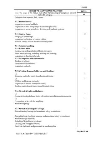 CAR-66
Page 41 of 168
Issue II, R 2 dated 4th September 2017
MODULE 7B. MAINTENANCE PRACTICES
Note: The scope of this module shall reflect the technology of aeroplanes relevant
to the B3 category.
LEVEL
B3
Defects	in	bearings	and	their	causes.	
		
7.12 Transmissions 2	
Inspection	of	gears,	backlash;	 	 	
Inspection	of	belts	and	pulleys,	chains	and	sprockets;	 	 	
Inspection	of	screw	jacks,	lever	devices,	push-pull	rod	systems.	 	 	
		
	 	
7.13 Control Cables 2	
Swaging	of	end	fittings;	 	 	
Inspection	and	testing	of	control	cables;	 	 	
Bowden	cables;	aircraft	flexible	control	systems.	 	 	
		 	 	
7.14 Material handling
7.14.1 Sheet Metal 2	
Marking	out	and	calculation	of	bend	allowance;	 	 	
Sheet	metal	working,	including	bending	and	forming;	 	 	
Inspection	of	sheet	metal	work.	 	 	
7.14.2 Composite and non-metallic 2	
Bonding	practices;	 	 	
Environmental	conditions	 	 	
Inspection	methods	 	 	
		 	 	
7.15 Welding, Brazing, Soldering and Bonding
(a)		 	 2	 	
Soldering	methods;	inspection	of	soldered	joints.	 	 	
(b)		 	 2	 	
Welding	and	brazing	methods;	 	 	
Inspection	of	welded	and	brazed	joints;	 	 	
Bonding	methods	and	inspection	of	bonded	joints.	 	 	
		 	 	
7.16 Aircraft Weight and Balance
(a)	 	 2	 	
Centre	of	Gravity/Balance	limits	calculation:	use	of	relevant	documents;	
(b)		 	 2	 	
Preparation	of	aircraft	for	weighing;	 	 	
Aircraft	weighing;	 	 	
7.17 Aircraft Handling and Storage 2	
Aircraft	taxiing/towing	and	associated	safety	precautions;	 	 	
Aircraft	jacking,	chocking,	securing	and	associated	safety	precautions;	
	 	
Aircraft	storage	methods;	 	 	
Refuelling/defuelling	procedures;	 	 	
De-icing/anti-icing	procedures;	 	 	
Electrical,	hydraulic	and	pneumatic	ground	supplies.	 	 	
 
