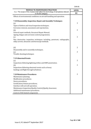 CAR-66
Page 42 of 168
Issue II, R 2 dated 4th September 2017
MODULE 7B. MAINTENANCE PRACTICES
Note: The scope of this module shall reflect the technology of aeroplanes relevant
to the B3 category.
LEVEL
B3
Effects	of	environmental	conditions	on	aircraft	handling	and	operation.	
	 	
		 	 	
7.18 Disassembly, Inspection, Repair and Assembly Techniques
(a)		 	 3	 	
Types	of	defects	and	visual	inspection	techniques.	 	 	
Corrosion	removal,	assessment	and	reprotection.	 	 	
(b)		 	 2	 	
General	repair	methods,	Structural	Repair	Manual;	 	 	
Ageing,	fatigue	and	corrosion	control	programmes;	 	 	
(c)		 	 2	 	
Non	 destructive	 inspection	 techniques	 including,	 penetrant,	 radiographic,	
eddy	current,	ultrasonic	and	boroscope	methods.	
	 	
	
	
(d)		
	
	
	
	
	
2	
	
	
	
Disassembly	and	re-assembly	techniques.	 	 	
(e)		 	 2	 	
Trouble	shooting	techniques	
	
	 	
7.19 Abnormal Events
(a)		 	 2	 	
Inspections	following	lightning	strikes	and	HIRF	penetration.	 	 	
(b)		 	 2	 	
Inspections	following	abnormal	events	such	as	heavy	 	 	
landings	and	flight	through	turbulence.	 	 	
7.20 Maintenance Procedures 2	
Maintenance	planning;	 	 	
Modification	procedures;	 	 	
Stores	procedures;	 	 	
Certification/release	procedures;	 	 	
Interface	with	aircraft	operation;	 	 	
Maintenance	Inspection/Quality	Control/Quality	Assurance;	 	 	
Additional	maintenance	procedures.	 	 	
Control	of	life	limited	components	 	 	
 