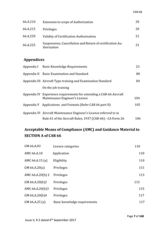 CAR-66
Page 7 of 168
Issue II, R 2 dated 4th September 2017
66.A.210	 Extension	to	scope	of	Authorization													 														20	
66.A.215	 Privileges	 														20	
66.A.220	 Validity	of	Certification	Authorization	 														21	
66.A.225	
Suspensions,	Cancellation	and	Return	of	certification	Au-
thorization	
														21	
Appendices	
Appendix	I						Basic	Knowledge	Requirements																																																																			23	
Appendix	II					Basic	Examination	and	Standard																																																																		80	
Appendix	III			Aircraft	Type	training	and	Examination	Standard																																		84	
On	the	job	training																																																																											
Appendix	IV	 Experience	requirements	for	extending	a	CAR-66	Aircraft												
Maintenance	Engineer’s	Licence																																																																104	
Appendix	V				Applications		and	Formats	(Refer	CAR	66	part	II)																																	105																									
Appendix	VI	 Aircraft	Maintenance	Engineer’s	Licence	referred	to	in		
Rule	61	of	the	Aircraft	Rules,	1937	(CAR-66)	-	CA	Form	26															106	
	
Acceptable Means of Compliance (AMC) and Guidance Material to
SECTION A of CAR 66
GM	66.A.03																		Licence	categories 	110	
AMC	66.A.10														Application		 																																																																																									110	
AMC	66.A.15	(a)								Eligibility																																																																																																			110	
GM	66.A.20(a) Privileges 																																																																																													111												
AMC	66.A.20(b)	2 Privileges	 																113
GM	66.A.20(b)2 	 Privileges 115
AMC	66.A.20(b)3	
GM	66.A.20(b)4								
GM	66.A.25	(a)	
Privileges	 115	
Privileges																																																																																																		117	
Basic	knowledge	requirements						 																117	
 