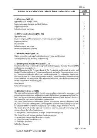 CAR-66
Page 71 of 168
Issue II, R 2 dated 4th September 2017
MODULE 13. AIRCRAFT AERODYNAMICS, STRUCTURES AND SYSTEMS LEVEL
B2
	
	 	 	
13.17 Oxygen (ATA 35)
System	lay-out:	cockpit,	cabin;	 								3	
								3	Sources,	storage,	charging	and	distribution;	
Supply	regulation;	 		 	3	
Indications	and	warnings.	 		 	3	
	
	 	 	
13.18 Pneumatic/Vacuum (ATA 36)
System	lay-out;	 		 2	
Sources:	engine/APU,	compressors,	reservoirs,	ground	supply;	 		 2	
Pressure	control;	 		 3	
Distribution;	 		 1	
Indications	and	warnings;	 	 3	
Interfaces	with	other	systems.	 	 3	
		 		 		
13.19 Water/Waste (ATA 38) 2
Water	system	lay-out,	supply,	distribution,	servicing	and	draining;	 		 		
Toilet	system	lay-out,	flushing	and	servicing.	 		 		
	 	
13.20 Integrated Modular Avionics (ATA42) 	 3	
Functions	that	may	be	typically	integrated	in	the	Integrated	Modular	Avionic	(IMA)	
modules	are,	among	others:	
	 	
Bleed	Management,	Air	Pressure	Control,	Air	Ventilation	and	Control,	Avionics	and	
Cockpit	Ventilation	Control,	Temperature	Control,	Air	Traffic	Communication,	Avion-
ics	Communication	Router,	Electrical	Load	Management,	Circuit	Breaker	Monitoring,	
Electrical	System	BITE,	Fuel	Management,	Braking	Control,	Steering	Control,	Landing	
Gear	Extension	and	Retraction,	Tyre	Pressure	Indication,	Oleo	Pressure	Indication,	
Brake	Temperature	Monitoring,	etc.;	
	 	
Core	System;	 	 	
Network	Components.	 	 	
	 	
13.21 Cabin Systems (ATA44) 	 3	
The	units	and	components	which	furnish	a	means	of	entertaining	the	passengers	and	
providing	communication	within	the	aircraft	(Cabin	Intercommunication	Data	Sys-
tem)	and	between	the	aircraft	cabin	and	ground	stations	(Cabin	Network	Service).	
Includes	voice,	data,	music	and	video	transmissions.	
	 	
The	Cabin	 Intercommunication	Data	 System	 provides	an	interface	 between	cock-
pit/cabin	crew	and	cabin	systems.	These	systems	support	data	exchange	of	the	dif-
ferent	related	LRU's	and	they	are	typically	operated	via	Flight	Attendant	Panels.	
	 	
The	Cabin	Network	Service	typically	consists	on	a	server,	typically	interfacing	with,	
among	others,	the	following	systems:	
	 	
—	Data/Radio	Communication,	In-Flight	Entertainment	System	 	 	
The	Cabin	Network	Service	may	host	functions	such	as:	 	 	
—	Access	to	pre-departure/departure	reports,	
—	E-mail/intranet/Internet	access,	
—	Passenger	database;	
	 	
Cabin	Core	System;	 	 	
 