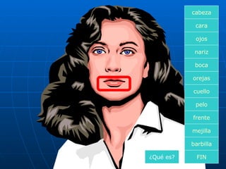 cara boca nariz orejas cuello pelo frente mejilla ojos FIN barbilla cabeza ¿Qué es? 