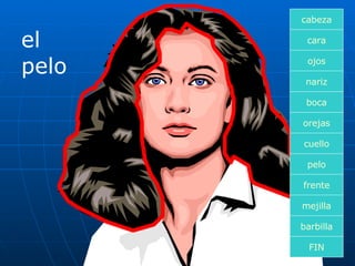 el  pelo cara boca nariz orejas cuello pelo frente mejilla ojos FIN barbilla cabeza 