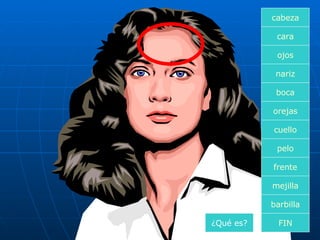cara boca nariz orejas cuello pelo frente mejilla ojos FIN barbilla cabeza ¿Qué es? 