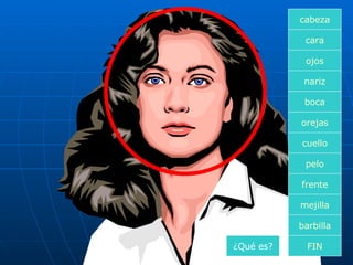 ¿Qué es? cara boca nariz orejas cuello pelo frente mejilla ojos FIN barbilla cabeza 