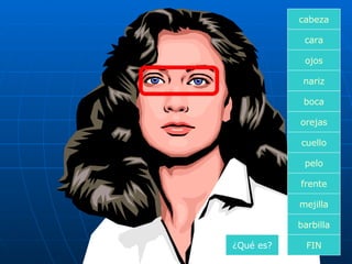 cara boca nariz orejas cuello pelo frente mejilla ojos FIN barbilla cabeza ¿Qué es? 