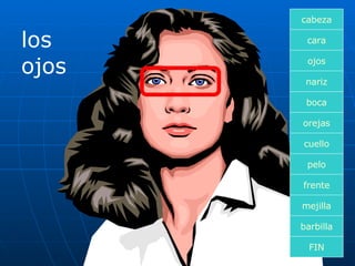 los ojos cara boca nariz orejas cuello pelo frente mejilla ojos FIN barbilla cabeza 