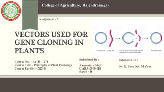 VECTORS USED FOR
GENE CLONING IN
PLANTS
Submitted By :
Arunodaya Maji
CARA-2018-110
Batch - D
Submitted To :
Dr. G. Uma Devi Ma’am
College of Agriculture, Rajendranagar
Course No. – PATH – 271
Course Title – Principles of Plant Pathology
Course Credits – 2(2+0)
Assignment - 3
 