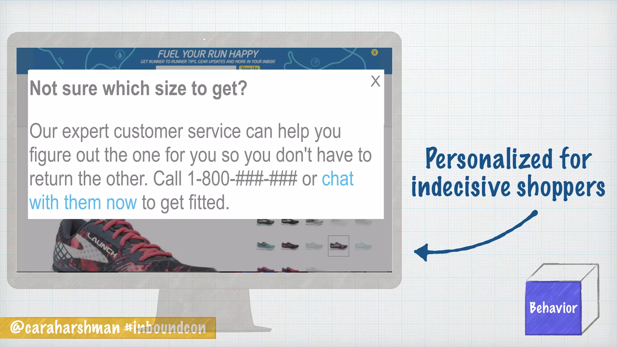 @caraharshman #inboundcon
Behavior
Not sure which size to get?
Our expert customer service can help you
figure out the one for you so you don't have to
return the other. Call 1-800-###-### or chat
with them now to get fitted.
Personalized for
indecisive shoppers
X
 