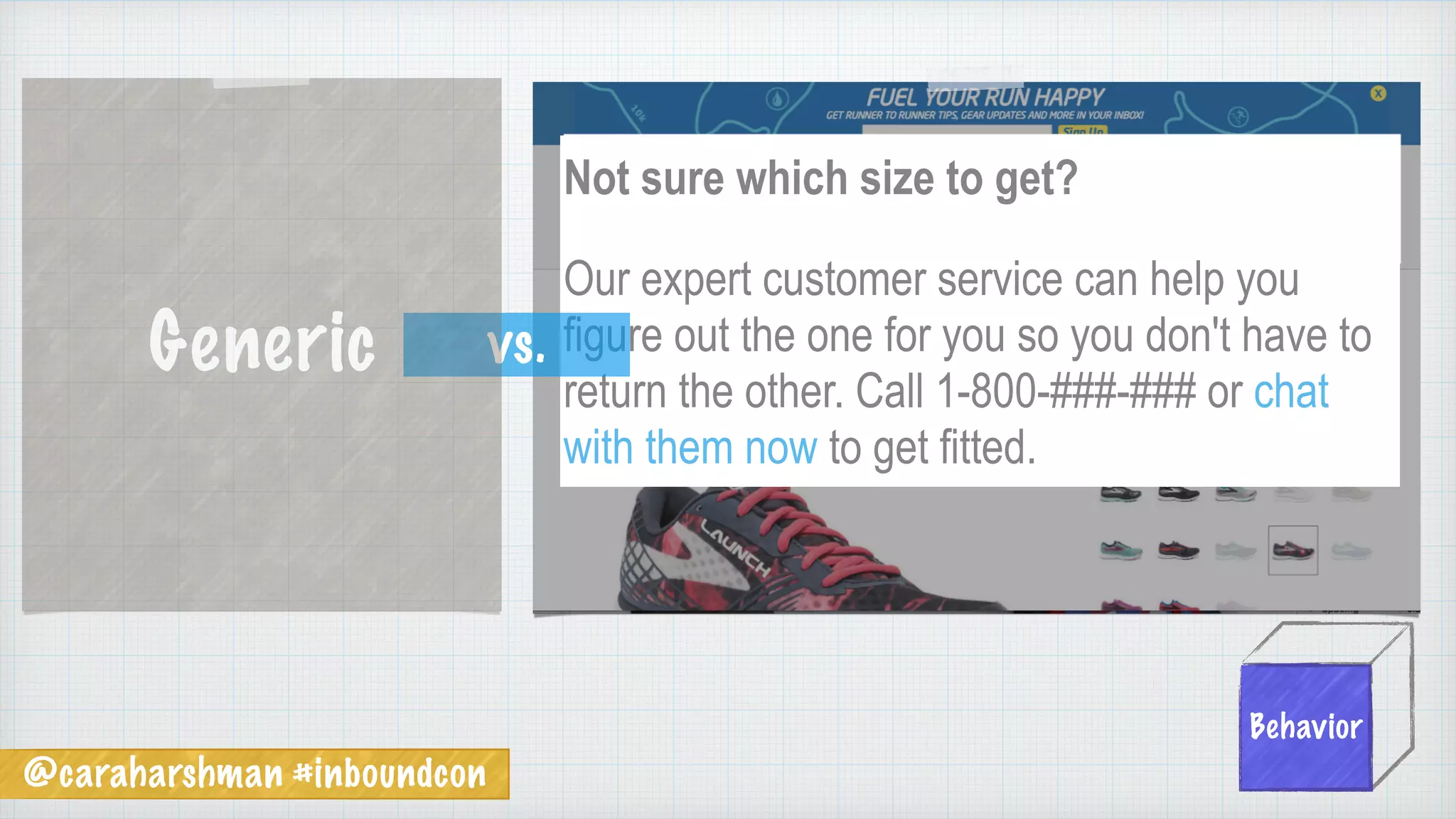 @caraharshman #inboundcon
Behavior
XNot sure which size to get?
Our expert customer service can help you
figure out the one for you so you don't have to
return the other. Call 1-800-###-### or chat
with them now to get fitted.
vs.Generic
 
