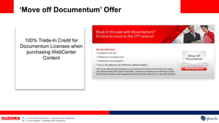 ‘Move off Documentum’ Offer



 100% Trade-In Credit for
Documentum Licenses when
  purchasing WebCenter
         Content




10   |   © 2012 Oracle Corporation – Proprietary and Confidential
10   |   © 2012 Generis – Proprietary and Confidential
 