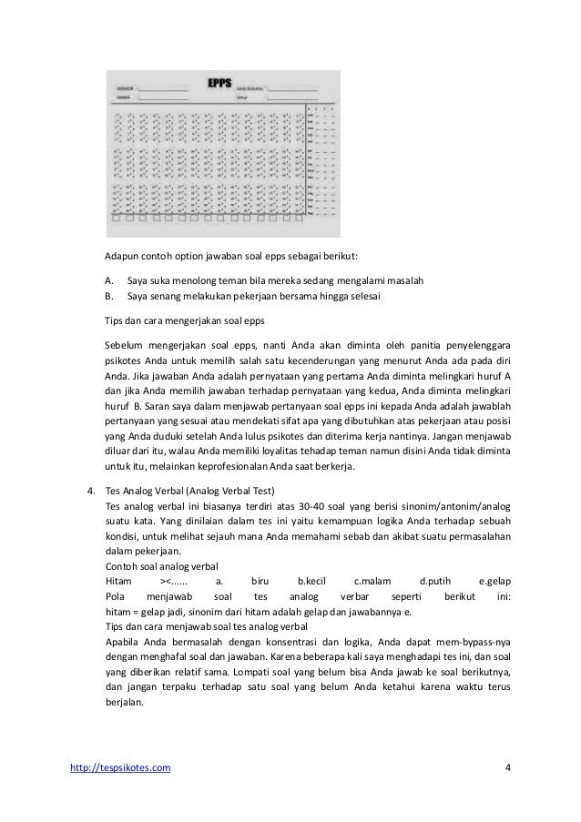 Contoh Soal Psikotes Epps
