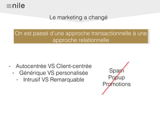 Le marketing a changé
On est passé d’une approche transactionnelle à une
approche relationnelle
On est passé d’une approche transactionnelle à une
approche relationnelle
- Autocentrée VS Client-centrée
- Générique VS personalisée
- Intrusif VS Remarquable
Spam
Popup
Promotions
 