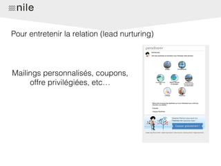 Pour entretenir la relation (lead nurturing)
Mailings personnalisés, coupons,
offre privilégiées, etc…
 