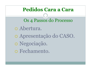 Pedidos Cara a Cara

 Os 4 Passos do Processo
Abertura.
Apresentação do CASO.
Negociação.
Fechamento.
 
