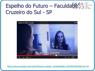 Espelho do Futuro – Faculdade
Cruzeiro do Sul - SP
http://www.youtube.com/watch?feature=player_embedded&v=Qh1MZwMIHQA#at=70
 