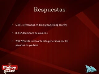 Respuestas 5.881 referencias en blog (google blog search) 8.332 decisiones de usuarios 200.789 vistas del contenido generados por los usuarios en youtube 