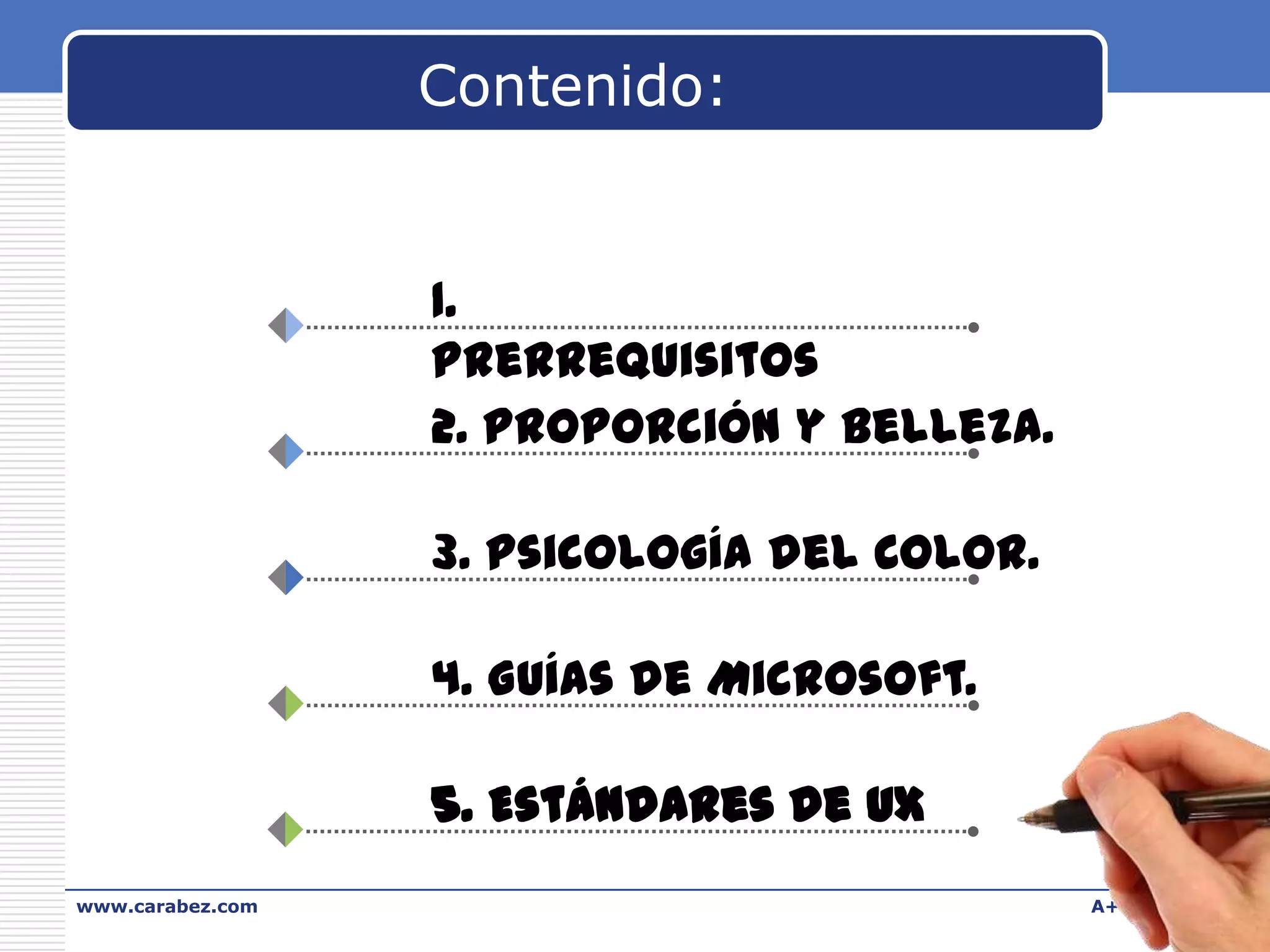 Contenido:

1.
Prerrequisitos
2. Proporción y belleza.
3. Psicología del Color.

4. Guías de Microsoft.
5. Estándares de UX
www.carabez.com

A+ Software

 