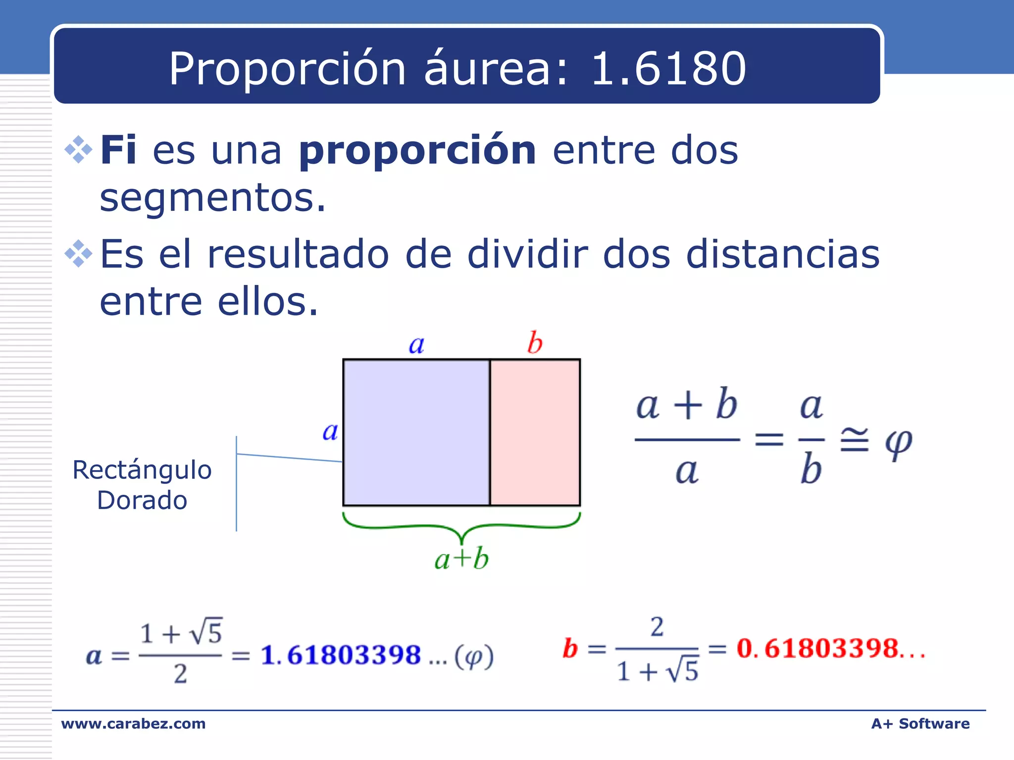 Proporción áurea: 1.6180
Fi es una proporción entre dos
segmentos.
Es el resultado de dividir dos distancias
entre ellos.

Rectángulo
Dorado

www.carabez.com

A+ Software

 
