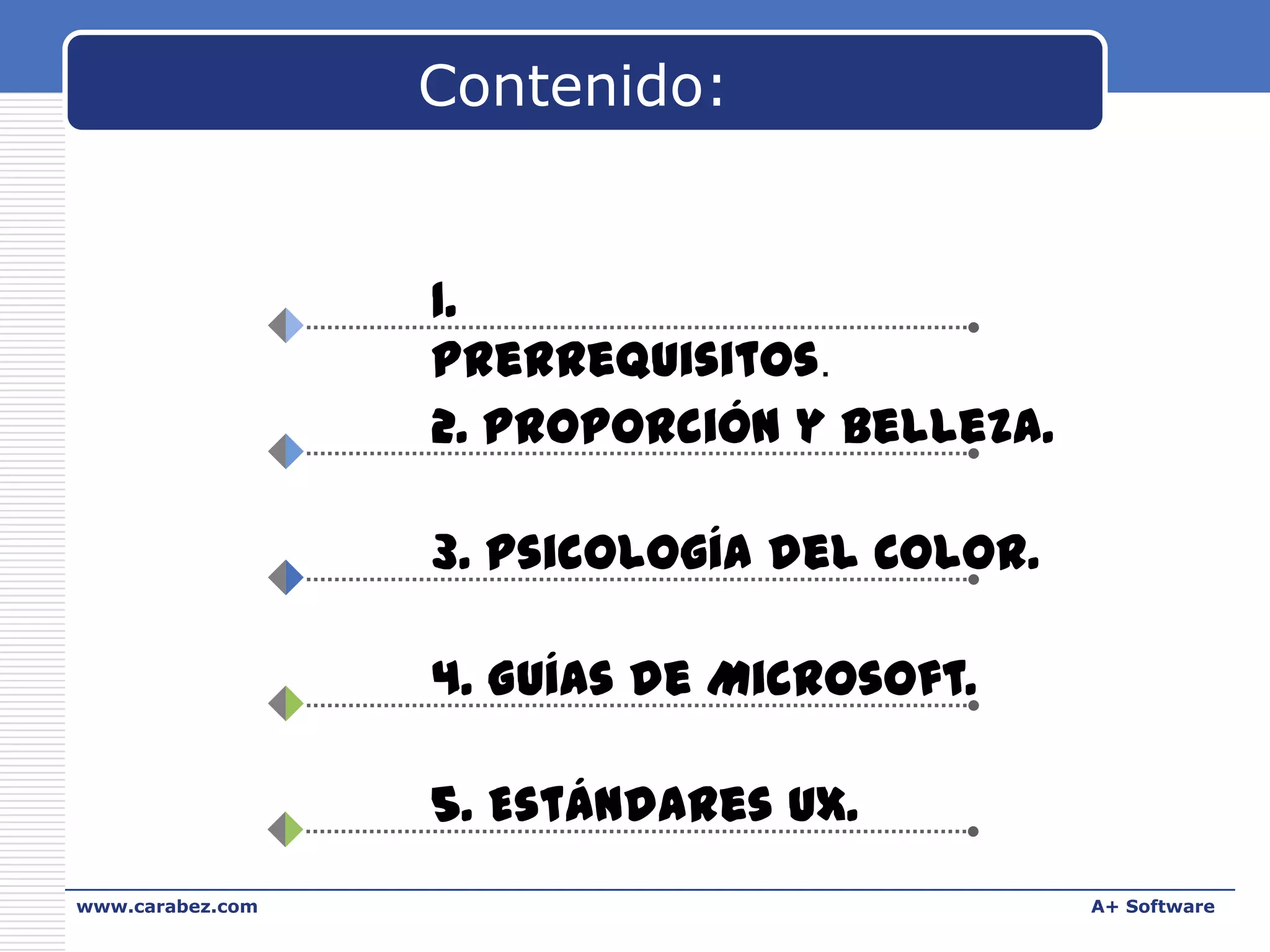 Contenido:

1.
Prerrequisitos.
2. Proporción y belleza.
3. Psicología del Color.

4. Guías de Microsoft.
5. Estándares UX.
www.carabez.com

A+ Software

 