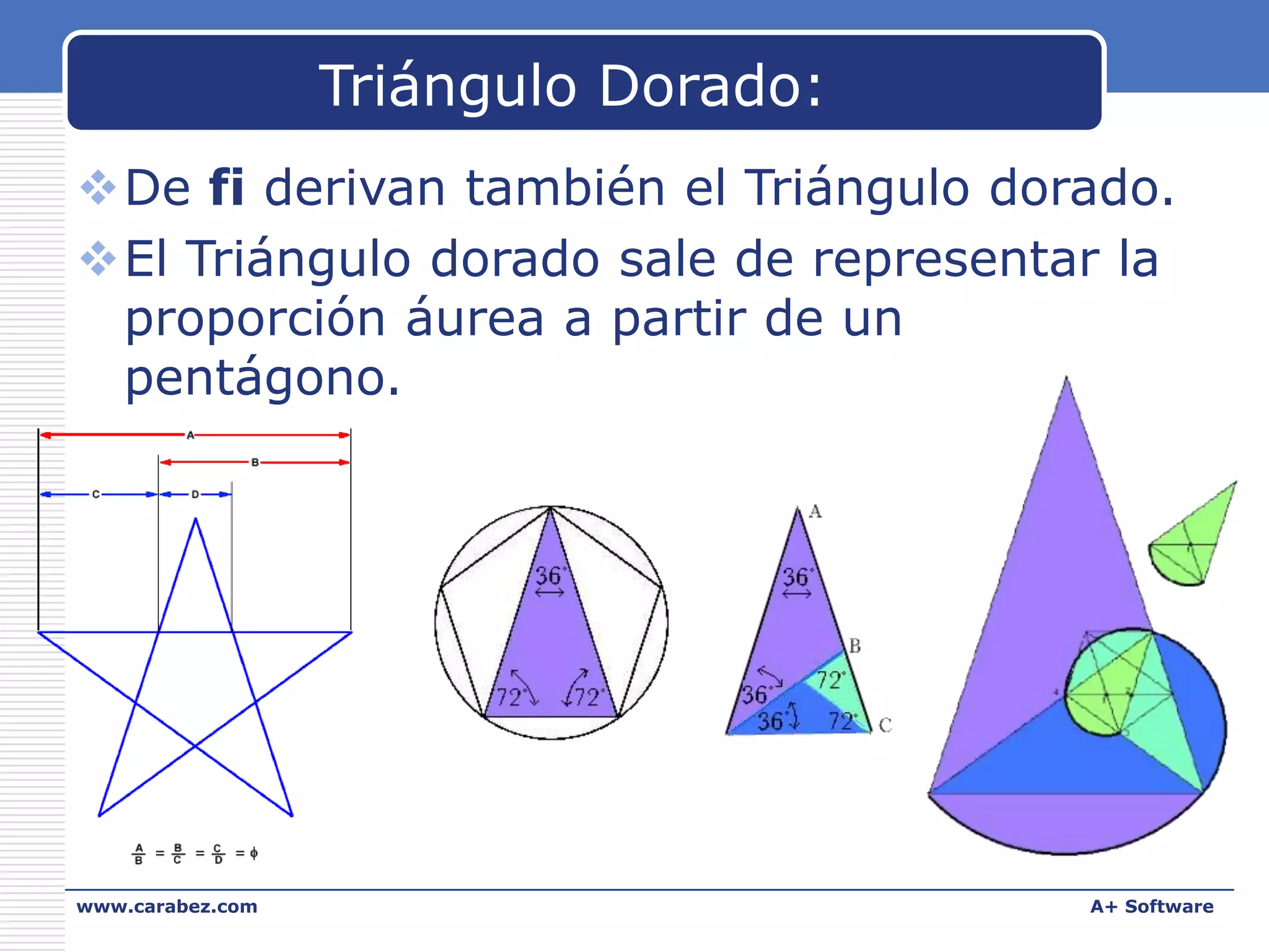 Triángulo Dorado:
De fi derivan también el Triángulo dorado.
El Triángulo dorado sale de representar la
proporción áurea a partir de un
pentágono.

www.carabez.com

A+ Software

 