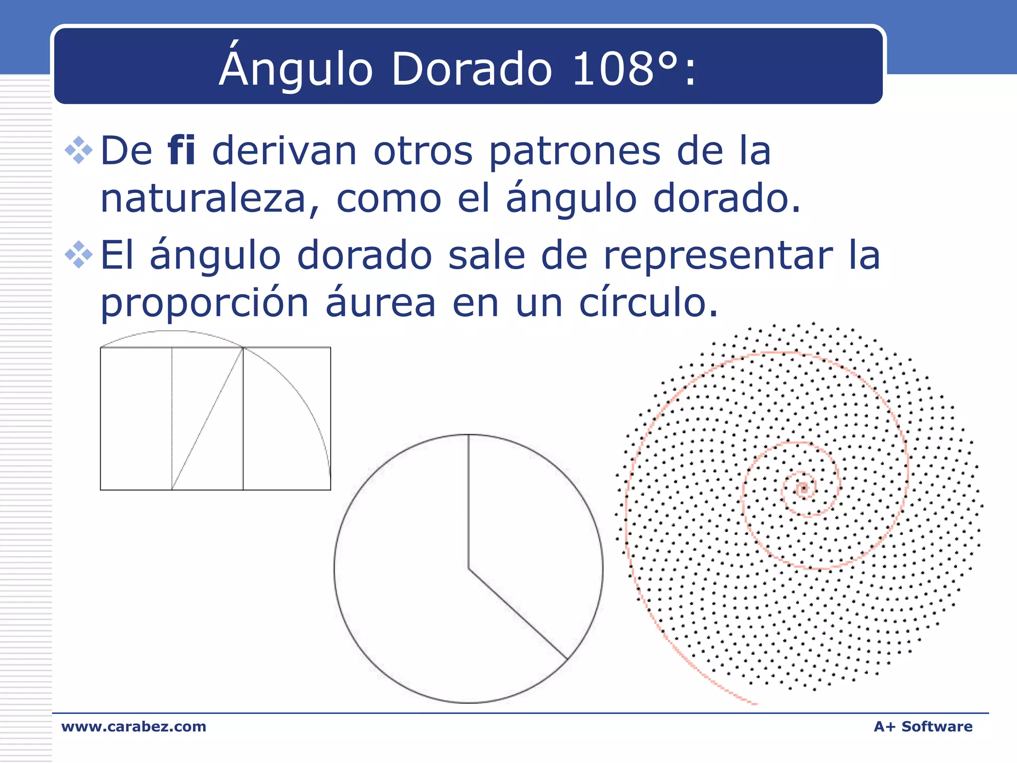 Ángulo Dorado 108°:
De fi derivan otros patrones de la
naturaleza, como el ángulo dorado.
El ángulo dorado sale de representar la
proporción áurea en un círculo.

www.carabez.com

A+ Software

 
