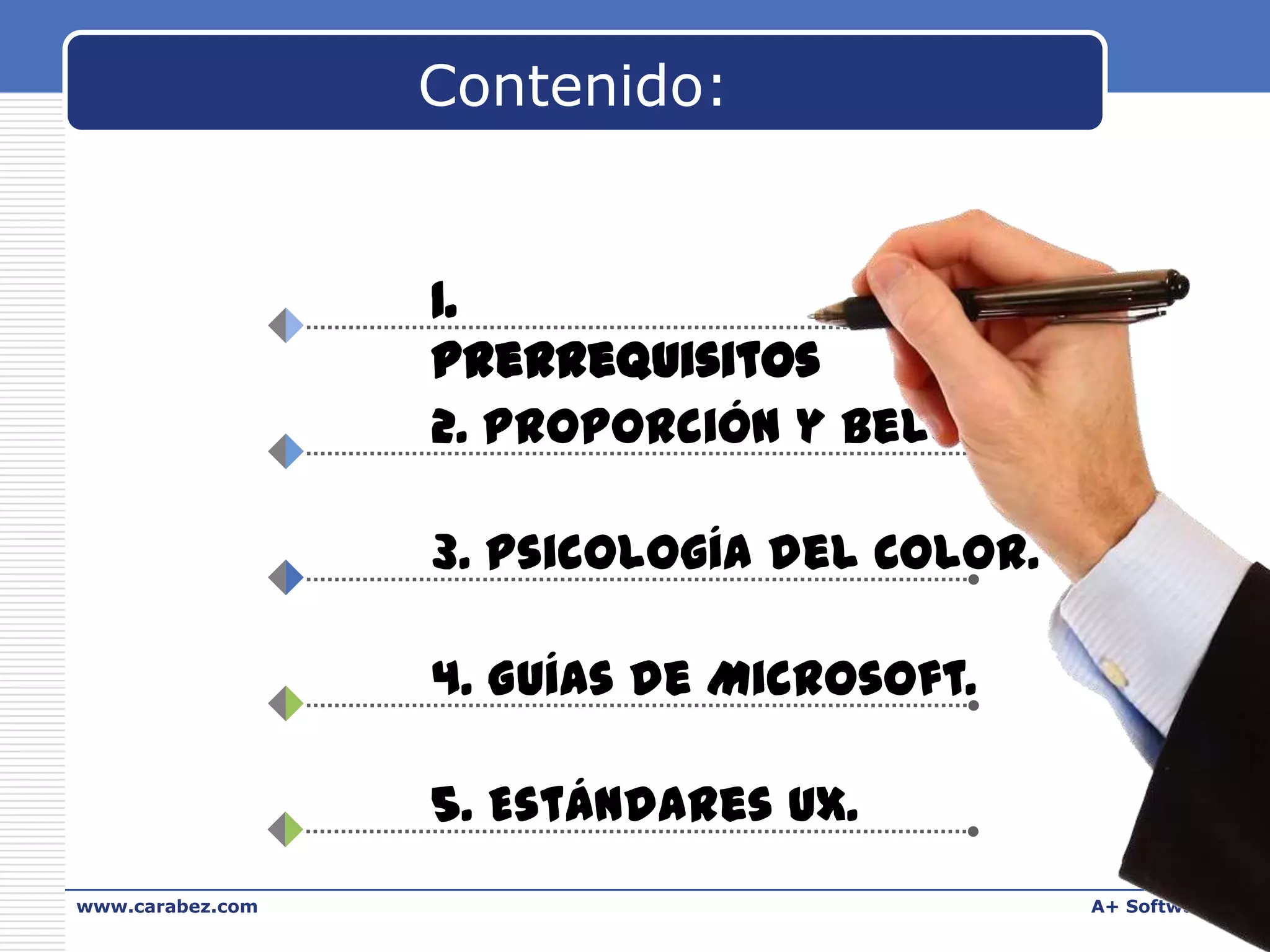 Contenido:

1.
Prerrequisitos
2. Proporción y belleza.
3. Psicología del Color.

4. Guías de Microsoft.
5. Estándares UX.
www.carabez.com

A+ Software

 
