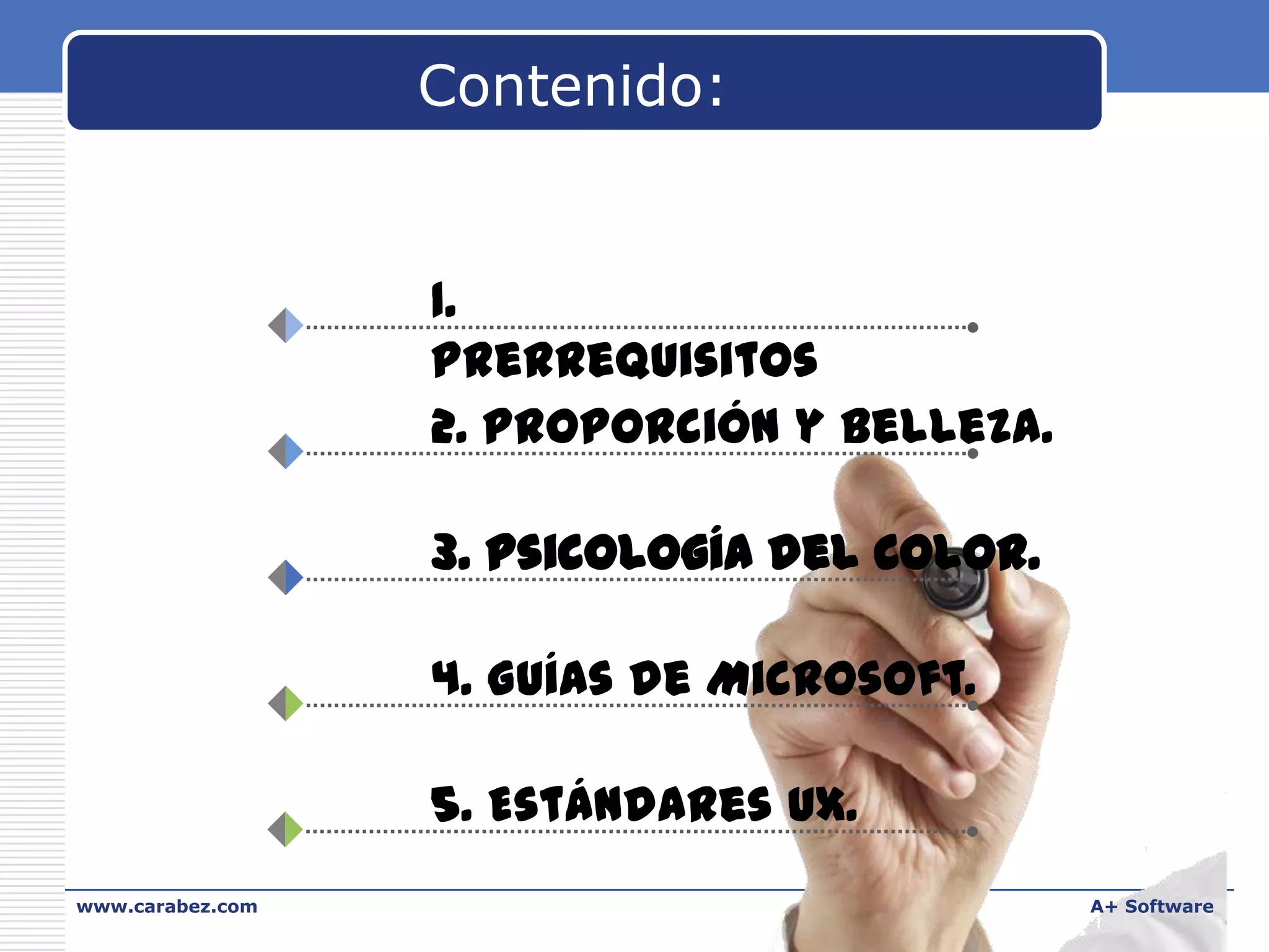 Contenido:

1.
Prerrequisitos
2. Proporción y belleza.
3. Psicología del Color.

4. Guías de Microsoft.
5. Estándares UX.
www.carabez.com

A+ Software

 