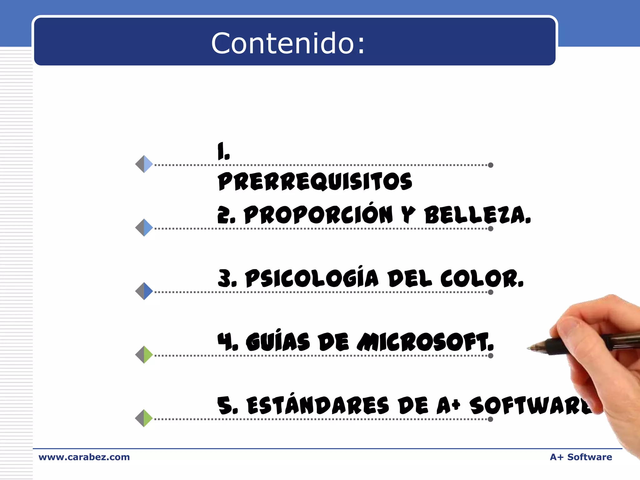 Contenido:

1.
Prerrequisitos
2. Proporción y belleza.
3. Psicología del Color.

4. Guías de Microsoft.
5. Estándares de A+ Software.
www.carabez.com

A+ Software

 