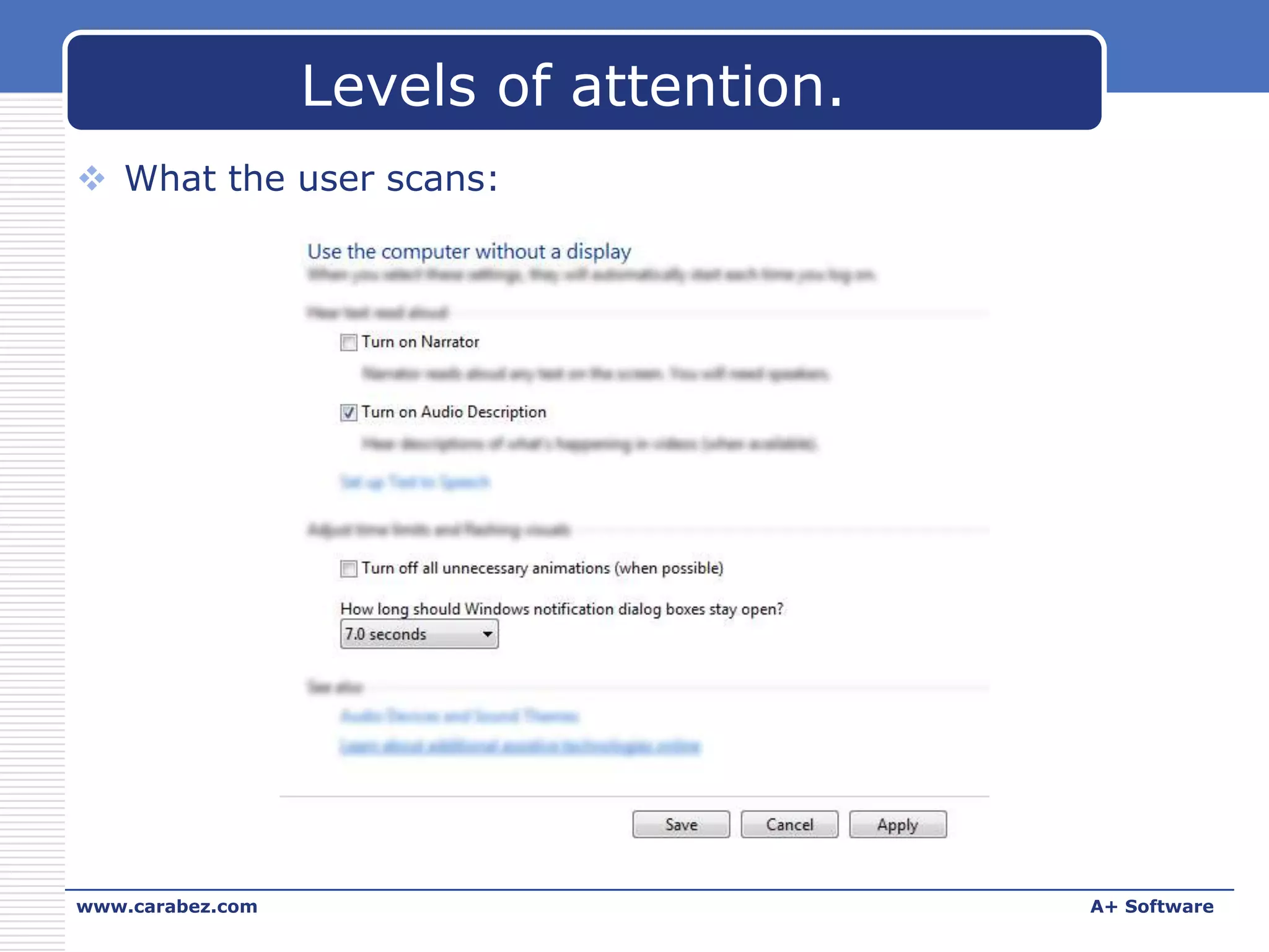 Levels of attention.
 What the user scans:

www.carabez.com

A+ Software

 