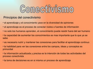 Conectivismo Principios del conectivismo el aprendizaje y el conocimiento yace en la diversidad de opiniones el aprendizaje es el proceso de conectar nodos o fuentes de información no solo los humanos aprenden, el conocimiento puede residir fuera del ser humano la capacidad de aumentar los conocimientos es mas importante que lo que ya se sabe es necesario nutrir y mantener las conexiones para facilitar el aprendizaje continuo la habilidad para ver las conexiones entre los campos, ideas y conceptos es primordial la información actualizada y precisa es la intención de todas las actividades del proceso conectivista la toma de decisiones es en si misma un proceso de aprendizaje