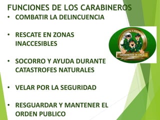 FUNCIONES DE LOS CARABINEROS
• COMBATIR LA DELINCUENCIA
• RESCATE EN ZONAS
INACCESIBLES
• SOCORRO Y AYUDA DURANTE
CATASTROFES NATURALES
• VELAR POR LA SEGURIDAD
• RESGUARDAR Y MANTENER EL
ORDEN PUBLICO
 