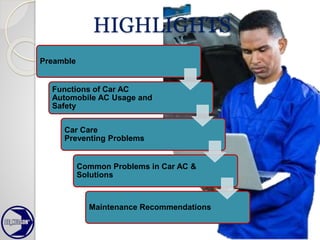 HIGHLIGHTS
Preamble
Functions of Car AC
Automobile AC Usage and
Safety
Car Care
Preventing Problems
Common Problems in Car AC &
Solutions
Maintenance Recommendations
 