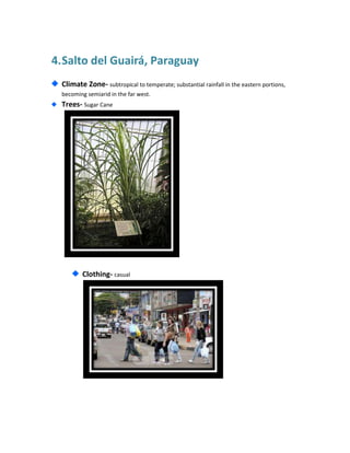 4. Salto del Guairá, Paraguay
  Climate Zone- subtropical to temperate; substantial rainfall in the eastern portions,
  becoming semiarid in the far west.
  Trees- Sugar Cane




         Clothing- casual
 