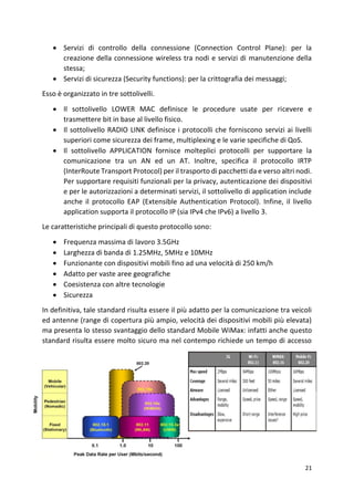 21
• Servizi di controllo della connessione (Connection Control Plane): per la
creazione della connessione wireless tra nodi e servizi di manutenzione della
stessa;
• Servizi di sicurezza (Security functions): per la crittografia dei messaggi;
Esso è organizzato in tre sottolivelli.
• Il sottolivello LOWER MAC definisce le procedure usate per ricevere e
trasmettere bit in base al livello fisico.
• Il sottolivello RADIO LINK definisce i protocolli che forniscono servizi ai livelli
superiori come sicurezza dei frame, multiplexing e le varie specifiche di QoS.
• Il sottolivello APPLICATION fornisce molteplici protocolli per supportare la
comunicazione tra un AN ed un AT. Inoltre, specifica il protocollo IRTP
(InterRoute Transport Protocol) per il trasporto di pacchetti da e verso altri nodi.
Per supportare requisiti funzionali per la privacy, autenticazione dei dispositivi
e per le autorizzazioni a determinati servizi, il sottolivello di application include
anche il protocollo EAP (Extensible Authentication Protocol). Infine, il livello
application supporta il protocollo IP (sia IPv4 che IPv6) a livello 3.
Le caratteristiche principali di questo protocollo sono:
• Frequenza massima di lavoro 3.5GHz
• Larghezza di banda di 1.25MHz, 5MHz e 10MHz
• Funzionante con dispositivi mobili fino ad una velocità di 250 km/h
• Adatto per vaste aree geografiche
• Coesistenza con altre tecnologie
• Sicurezza
In definitiva, tale standard risulta essere il più adatto per la comunicazione tra veicoli
ed antenne (range di copertura più ampio, velocità dei dispositivi mobili più elevata)
ma presenta lo stesso svantaggio dello standard Mobile WiMax: infatti anche questo
standard risulta essere molto sicuro ma nel contempo richiede un tempo di accesso
 