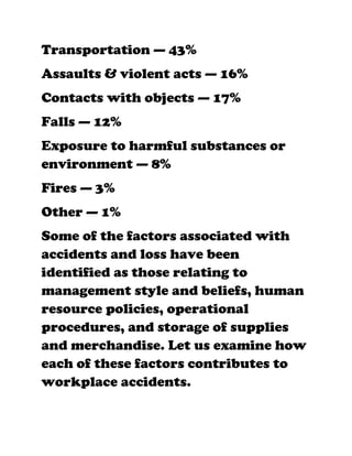 Transportation — 43%
Assaults & violent acts — 16%
Contacts with objects — 17%
Falls — 12%
Exposure to harmful substances or
environment — 8%
Fires — 3%
Other — 1%
Some of the factors associated with
accidents and loss have been
identified as those relating to
management style and beliefs, human
resource policies, operational
procedures, and storage of supplies
and merchandise. Let us examine how
each of these factors contributes to
workplace accidents.
 