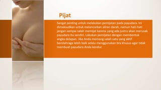 Pijat
Sangat penting untuk melakukan pemijatan pada payudara. Ini
dimaksudkan untuk melancarkan aliran darah, namun hati-hati
jangan sampai salah memijat karena yang ada justru akan merusak
payudara itu sendiri. Lakukan pemijatan dengan membentuk
angka delapan. Jika Anda memang salah satu yang aktif
berolahraga lebih baik selalu menggunakan bra khusus agar tidak
membuat payudara Anda kendur.
 