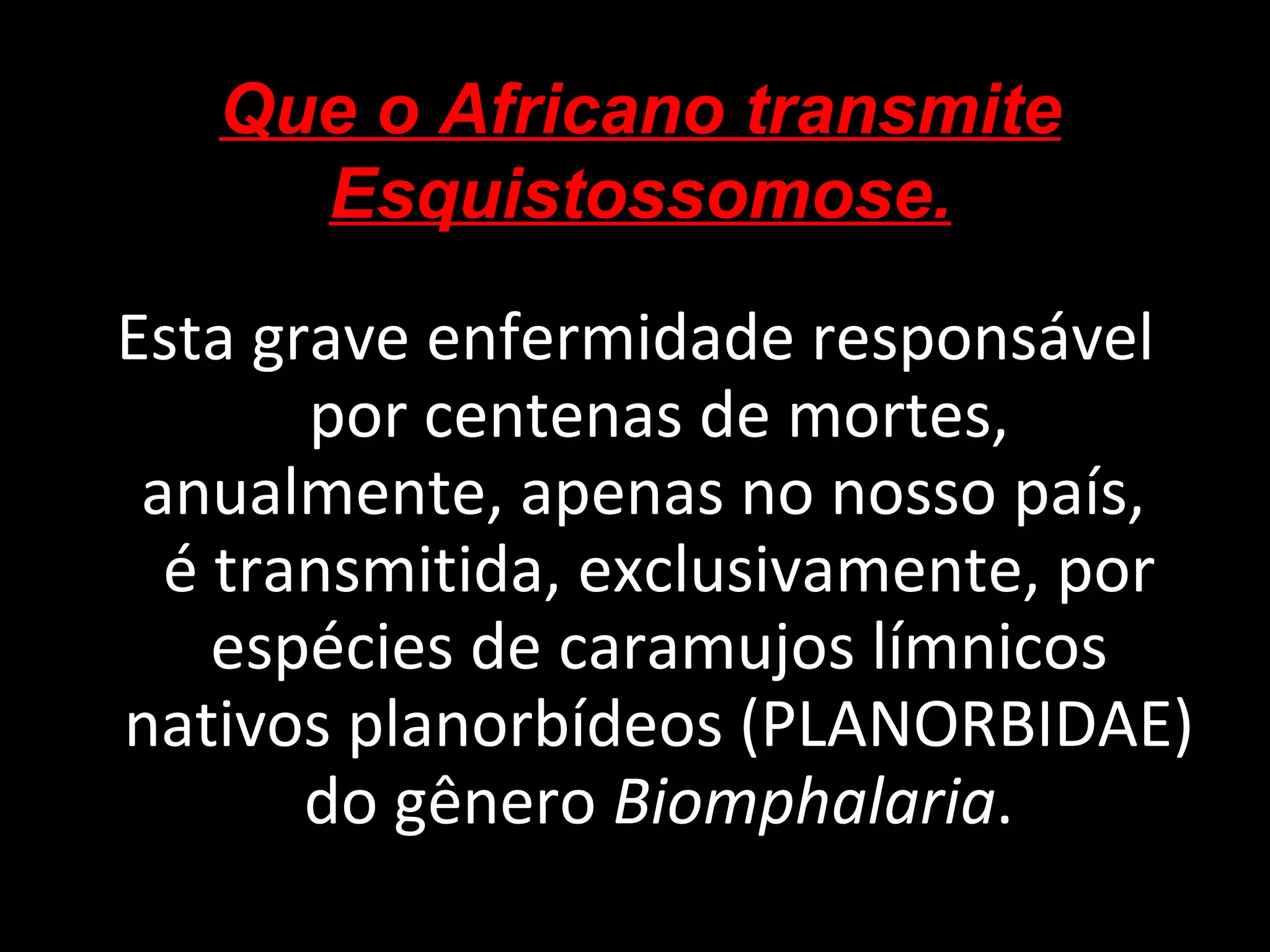 Esta grave enfermidade responsável por centenas de mortes, anualmente, apenas no nosso país,  é transmitida, exclusivamente, por espécies de caramujos límnicos nativos planorbídeos (PLANORBIDAE) do gênero  Biomphalaria . Que o Africano transmite Esquistossomose. 