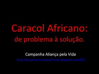 Caracol Africano: de problema à solução. Campanha Aliança pela Vida http://projetocaramujoafricano.blogspot.com/2011/10/nesta-campanha-em-prol-da-preservacao.html 