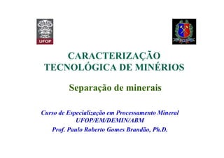 CARACTERIZAÇÃO
TECNOLÓGICA DE MINÉRIOS
Curso de Especialização em Processamento Mineral
UFOP/EM/DEMIN/ABM
Prof. Paulo Roberto Gomes Brandão, Ph.D.
Separação de minerais
 