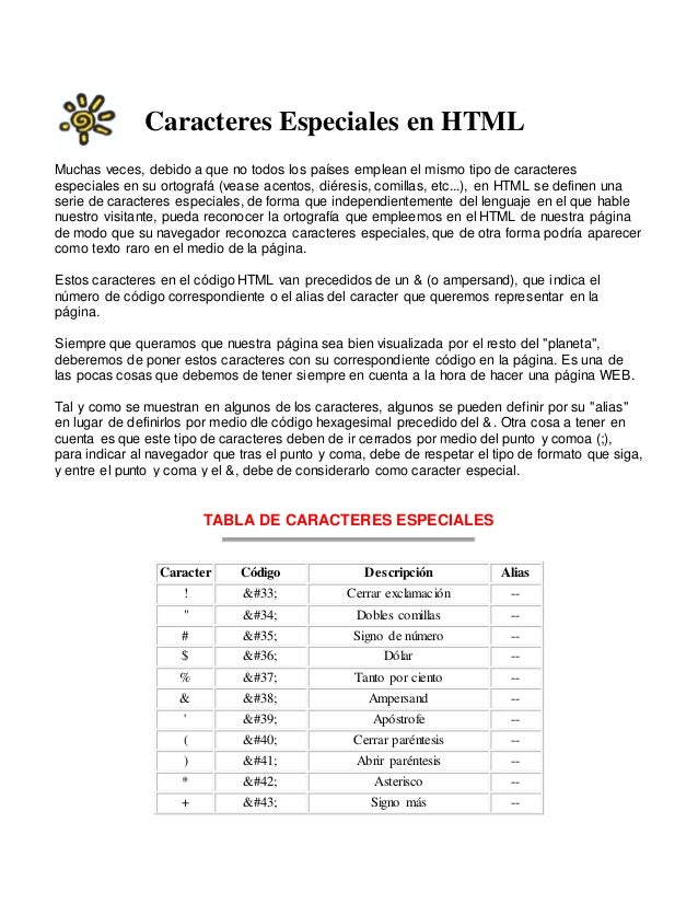 INFOSAN Caracteres especiales en html
