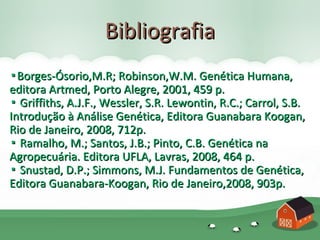 Bibliografia
▪Borges-Ósorio,M.R; Robinson,W.M. Genética Humana,
editora Artmed, Porto Alegre, 2001, 459 p.
▪ Griffiths, A.J.F., Wessler, S.R. Lewontin, R.C.; Carrol, S.B.
Introdução à Análise Genética, Editora Guanabara Koogan,
Rio de Janeiro, 2008, 712p.
▪ Ramalho, M.; Santos, J.B.; Pinto, C.B. Genética na
Agropecuária. Editora UFLA, Lavras, 2008, 464 p.
▪ Snustad, D.P.; Simmons, M.J. Fundamentos de Genética,
Editora Guanabara-Koogan, Rio de Janeiro,2008, 903p.
 