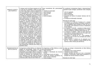 MANGUE E VEGETA-
ÇÃO HIGRÓFILA
O mangue ocorre nas faixas marginais do bai-
xo curso dos rios Jaboatão e Tejipió, ao longo
do Canal Olho d’Água, próximo à desemboca-
dura do rio Beberibe, do Canal da Malária e do
rio Capibaribe bem como na bacia do Pina
(Parque dos Manguezais) que concentra mais
da metade do manguezal existente no municí-
pio do Recife. No Núcleo Metropolitano, a es-
pecíe predominante é o mangue branco (La-
guncularia racemosa). À montante do mangue
e na borda de corpos lagunares, em áreas
alagadas ou passíveis de alagamento, ocorre
uma vegetação ora de porte herbáceo ora de
porte arbustivo, característica de ambientes
úmidos ou higrófilos, a exemplo da Lagoa do
Náutico e das áreas alagadas ao longo do rio
Jaboatão (ao norte de Pontezinha) e seus
afluentes (riacho do Roncado, riacho da Prata,
córrego Mariana e rio Zumbi), do riacho Cama-
ragibe (afluente do Capibaribe) e do Canal da
Malária (afluente do Beberibe), a oeste da PE-
015. Em terrenos arenosos,ao norte de Ponte-
zinha e ao sul de Barra de Jangada, encon-
tram-se alguns fragmentos de vegetação
de restinga, bastante degradados. Localizados
no interior dos perímetros urbanos, o mangue e
a vegetação higrófila sofrem a ação contínua
de corte, aterro e poluição por esgoto domésti-
co, enquanto a vegetação de restinga tem sido
em grande parte substituída por coqueiro e,
mais recentemente, destruída pelo avanço da
expansão urbana.
Esses ecossistemas têm potencialidade
para:
• unidade de conservação;
• pesca artesanal;
• cultivo de ostra;
• apicultura;
• turismo ecológico.
Por constituírem ecossistemas frágeis e desempenharem
importante função ecológica, apresentam fortes restrições
a:
• corte da vegetação;
• pesca predatória
• aterro e construção
• lançamento de resíduo de qualquer natureza, sem tra-
tamento;
• circulação de embarcação motorizada.
Restrições de ordem legal:
• Lei Federal n
o
4.771/65 (art. 2
o
, alíneas a e f) – conside-
ra de preservação permanente as florestas e demais for-
mas de vegetação natural situadas ao longo dos rios e
nas restingas, como fixadoras de dunas ou estabilizado-
ras de mangues;
• Lei Estadual n
o
9.931/86 – considera as áreas estuari-
nas como áreas de Proteção Ambiental (art. 2
o
) e espe-
cifica as condições de utilização dessas áreas (art. 4o
);
• Lei Estadual no
9.990/87 – define as áreas estuarinas
como áreas de interesse especial (art. 4o
) e veda o par-
celamento do solo nessas áreas (art. 35);
• Lei Federal no
7.661/88 (art. 3
o
) – inclui restingas e
manguezais entre os bens com prioridade para conser-
vação e proteção;
• Decreto Federal n
o
5.300/04 (art. 23, parágrafo único,
item III) – inclui os estuários na faixa terrestre da orla
marítima e define critérios para delimitá-los.
REMANESCENTES DA
MATA ATLÂNTICA
Os fragmentos da Mata Atlântica, em diferentes
estágios de recomposição, cobrem 8,0% da
superfície do Núcleo Metropolitano e estão
concentrados nas porções oeste do município
do Recife, sudeste de São Lourenço da Mata e
nordeste de Jaboatão dos Guararapes bem
como dispersos na porção oeste da área de
estudo. Os fragmentos mais expressivos estão
constituídos pelas matas de Dois Irmãos e da
Os fragmentos de Mata Atlântica da área
têm potencialidade para:
• refúgio de fauna;
• proteção e manutenção dos recursos
hídricos;
• conservação do solo e do relevo;
• redução da poluição atmosférica em
áreas urbanas e industriais;
• turismo ecológico.
As áreas que abrigam remanescentes da Mata Atlântica
têm restrições a:
• disposição de lixo e outros resíduos;
• instalação de aterro sanitário;
• qualquer atividade que ponha em risco a diversidade
biológica e comprometa o papel desse ecossistema na
proteção dos recursos hídricos e do relevo.
Restrições de ordem legal:
71
 